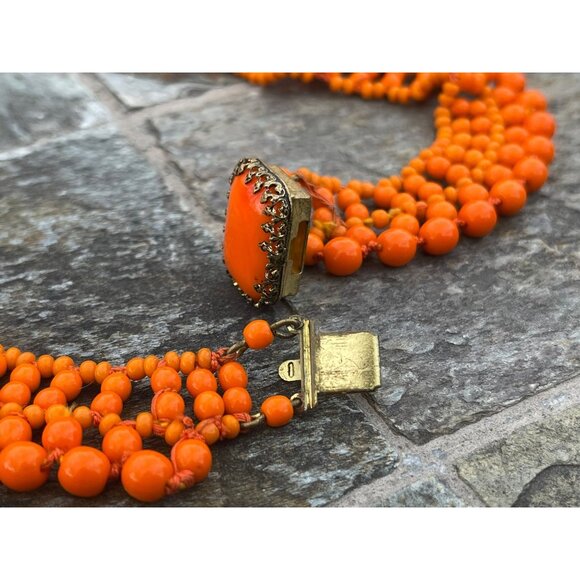 Vintage 1940's Handmade Bright Orange Beaded Collar Necklace Woven Various Size - Picture 6 of 6